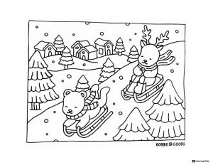 Bobbie Goods animals sledding down a snowy hill
