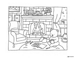 Bobbie Goods bear by cozy fireplace coloring page