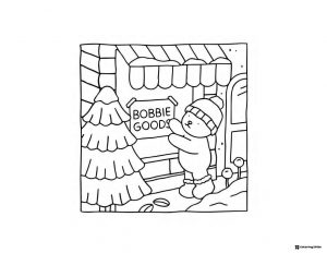 Bobbie Goods bear by shop in winter coloring sheet