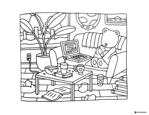 Bobbie Goods bear on sofa with laptop coloring