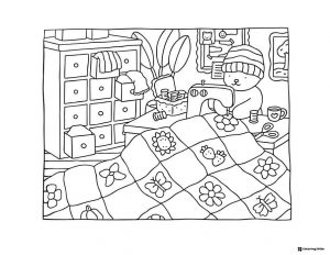 Bobbie Goods bear sewing a quilt coloring page