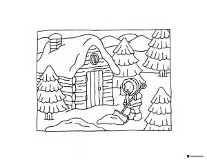 Bobbie Goods bear shoveling snow by a cabin coloring