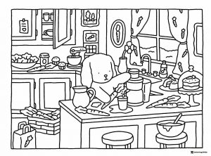 Bobbie Goods character cooking in kitchen coloring