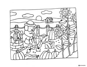 Bobbie Goods character harvesting pumpkins coloring