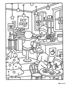 Bobbie Goods characters at a hot cocoa stand coloring