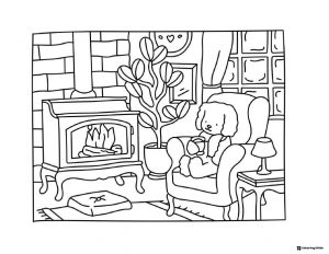 Bobbie Goods cozy character by fireplace coloring sheet