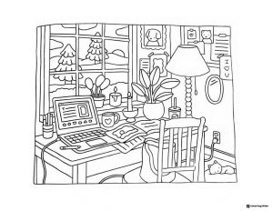 Bobbie Goods cozy desk scene with laptop coloring