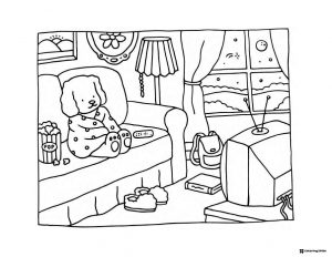 Bobbie Goods dog watching TV on couch coloring page