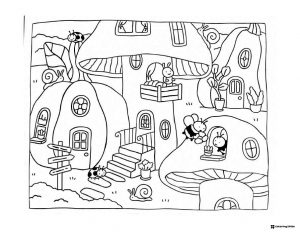 Bobbie Goods mushroom houses with bugs coloring