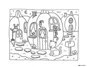 Bobbie Goods pumpkin houses with cat coloring page
