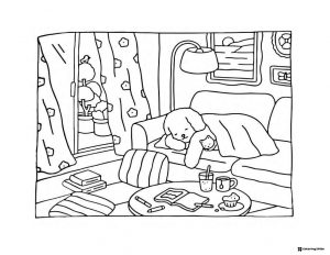 Bobbie Goods puppy and cat napping on couch coloring