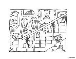 Bobbie Goods staircase with framed portraits coloring