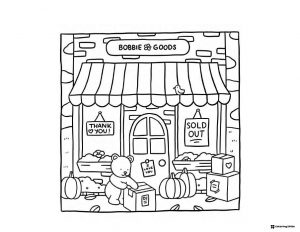 Bobbie Goods storefront with packages and pumpkins coloring
