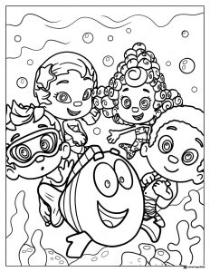 Bubble Guppies and happy fish underwater coloring page
