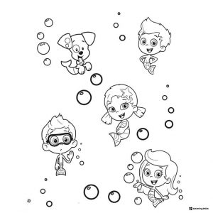 Bubble Guppies characters and dog with bubbles coloring page
