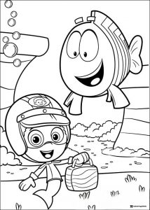 Bubble Guppies coloring page of Gil with a lunchbox and Mr. Grouper