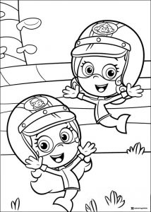 Bubble Guppies coloring page with Gil and Molly in helmets