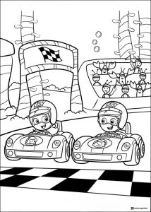 Bubble Guppies coloring page with Gil and Molly racing in cars