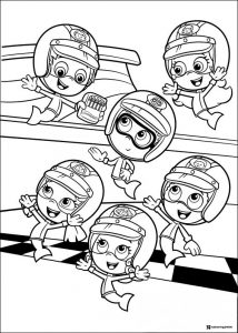 Bubble Guppies coloring page with six guppies in helmets