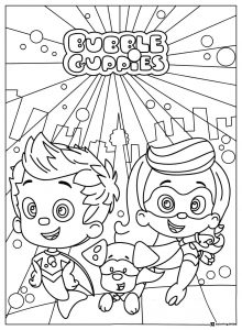Bubble Guppies superheroes and dog in city coloring page