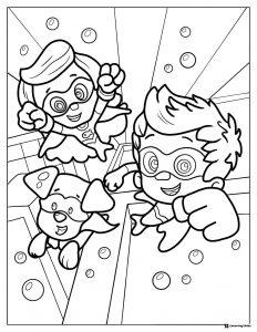 Bubble Guppies superheroes flying with dog coloring page