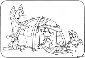 Camping Tent Scene Bluey Coloring Page with Tools and Sun Hat