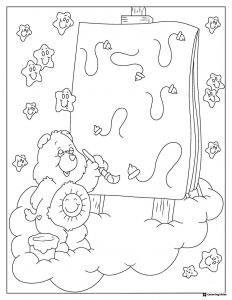 Care Bear Coloring Page Painting on Easel with Stars
