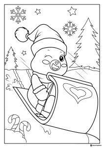 Care Bear Coloring Page Sledding in Santa Hat