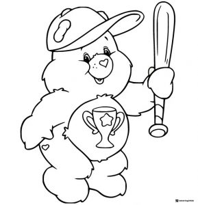 Care Bear Coloring Page in baseball cap with bat and trophy