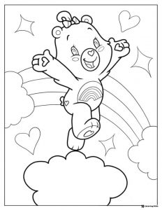 Care Bear Coloring Page jumping on cloud with rainbow and hearts