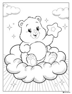 Care Bear Coloring Page sitting on cloud holding a star