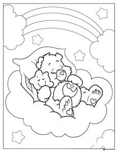 Care Bear Coloring Page sleeping on a cloud with stars and rainbow