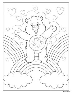 Care Bear Coloring Page standing on a rainbow with hearts