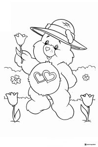 Care Bear Coloring Page with Hat and Tulips