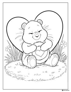 Care Bear Coloring Page with Large Heart and Flowers