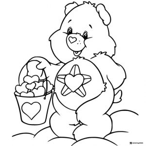 Care Bear Coloring Page with bucket of hearts