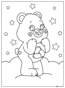 Care Bear Coloring Page with hearts and stars on clouds