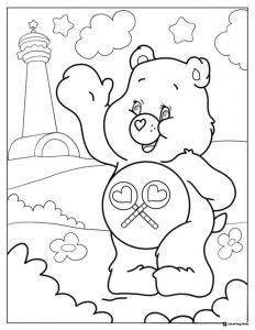 Care Bear Coloring Page with lollipops castle and clouds
