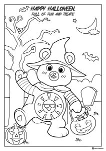 Care Bear Halloween Coloring Page with Pumpkin and Moon