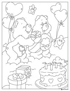 Care Bears Birthday Coloring Page with Cake and Gifts