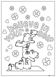 Care Bears Coloring Page doing yoga with Believe in Yourself
