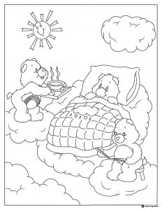 Care Bears Coloring Page with Bear in Bed and Food