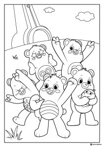 Care Bears Coloring Page with Excited Poses and Baby