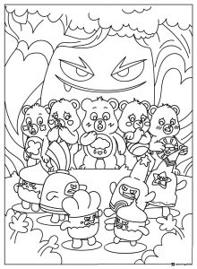Care Bears Coloring Page with angry monster and small creatures