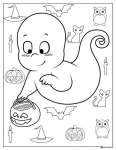 Cartoon ghost with pumpkin trick or treat basket coloring page