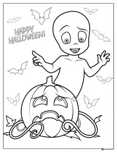 Casper Coloring Page with Pumpkin and Bats