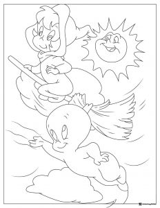 Casper and Wendy Coloring Page Flying with Sun