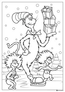 Cat in the Hat Ice Skating with Gifts Coloring Page
