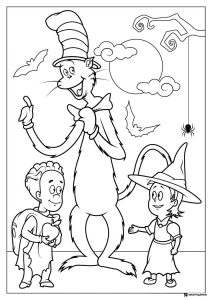 Cat in the Hat and Children Halloween Coloring Page
