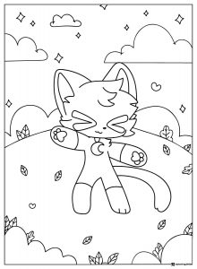 Catnap in a field with clouds and leaves Coloring Page